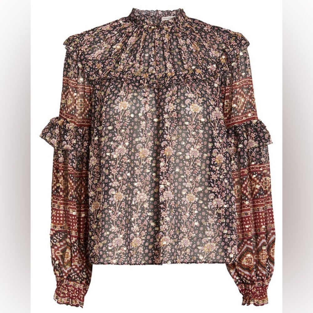 Ulla Johnson Eleni Silk Ruffled Floral Metallic Dot Long Sleeve Blouse 0
